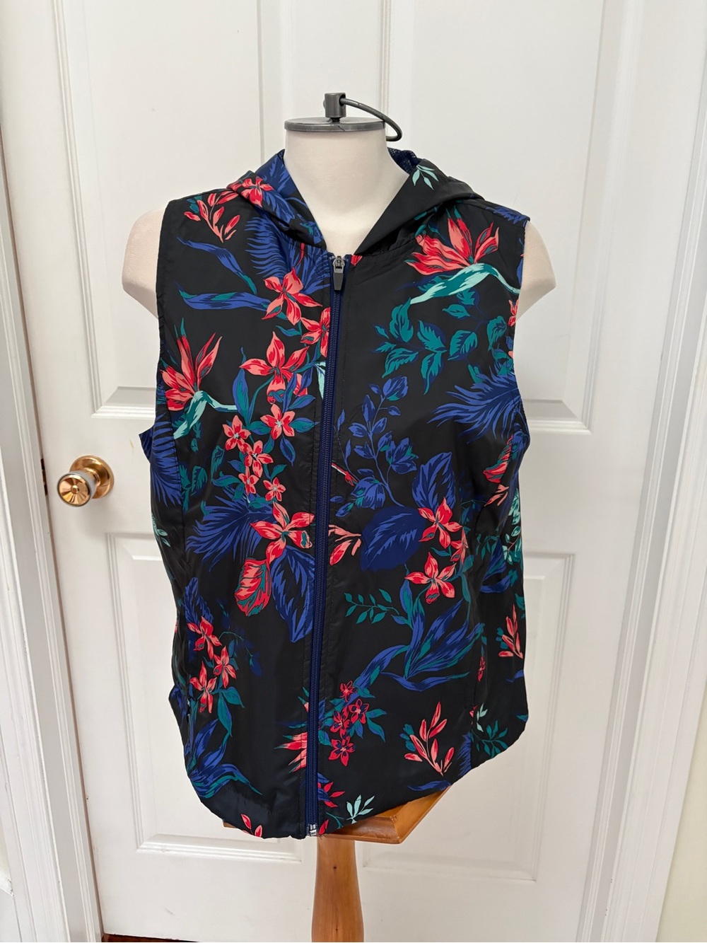 Joe Fresh Black Floral Hooded Vest with Red and Blue Print